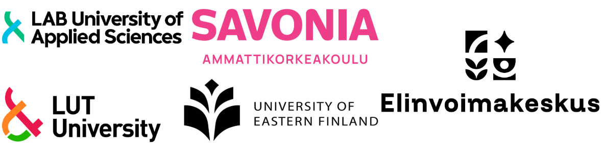 Viiden suomalaisen instituution logot: LAB-ammattikorkeakoulu, LUT-yliopisto, Savonia-ammattikorkeakoulu, Itä-Suomen yliopisto ja Elinvoimakeskus.