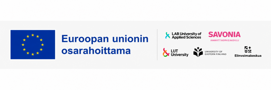 Banderolli, jossa EU:n lippu, suomenkielinen teksti Euroopan unionin osarahoittama sekä LAB-ammattikorkeakoulun, Savonia-ammattikorkeakoulun, LUT-yliopiston, Itä-Suomen yliopiston ja Elinvoimakeskuksen logot.